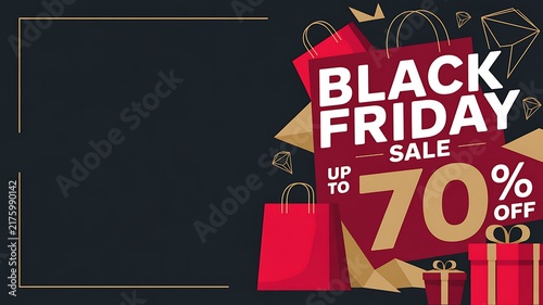 Black friday sale banner with seventy percent discount text and red shopping bags on dark background