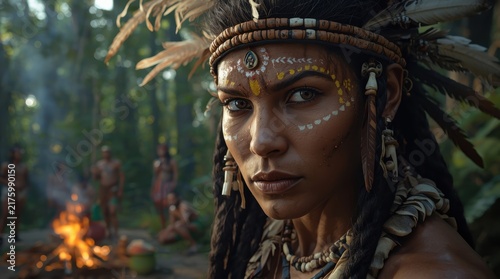 A woman in a traditional Indian headdress and with bright combat paint on her face is looking away in concentration against a jungle background