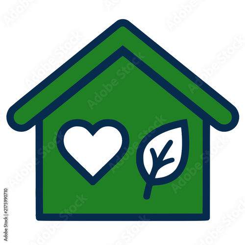Eco-friendly green house icon with heart and leaf symbols for sustainable living concepts.