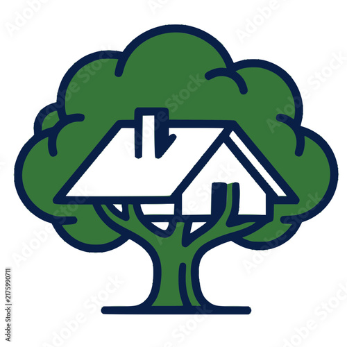 Eco-friendly house icon integrated into a green tree, representing sustainable living and green architecture vector illustration.