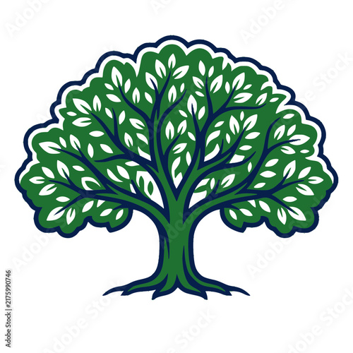 Stylized green tree vector illustration with lush foliage and branches isolated on white, ideal for nature, environment, and growth-related logos or icons.
