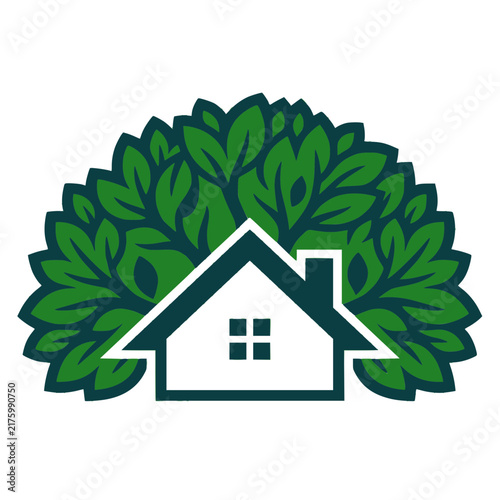 Eco-friendly house logo with green leaves, symbolizing sustainable living and green real estate.