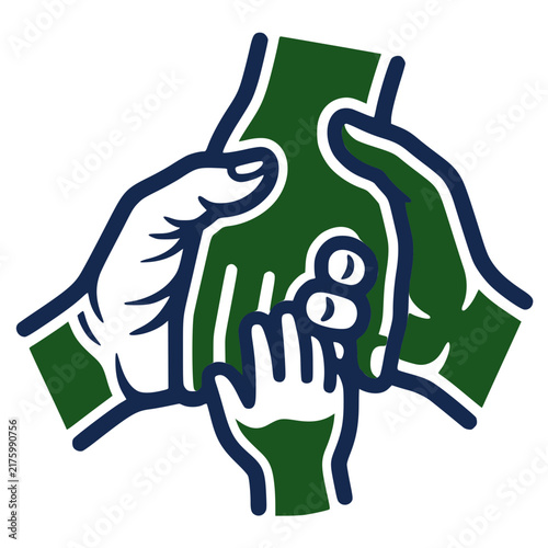 Stylized vector icon of interlocking hands representing family unity, community support, and multi-generational connection in green and blue colors.
