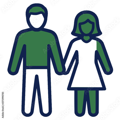 Flat vector icon depicting a man and woman holding hands representing a couple, partnership, or relationship in green and blue colors.