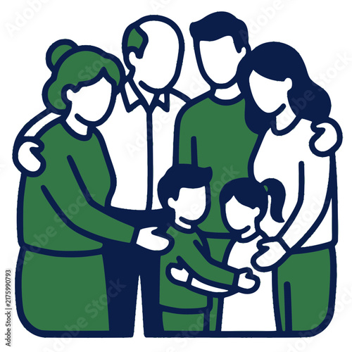 Flat vector illustration of a multi-generational family huddle including grandparents, parents, and children, symbolizing unity, love, and community support in a minimalist graphic style.