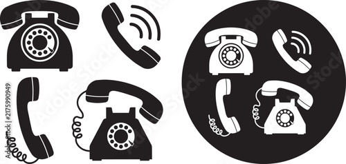 Classic black rotary telephones and ringing handset icons arranged on a bright white surface