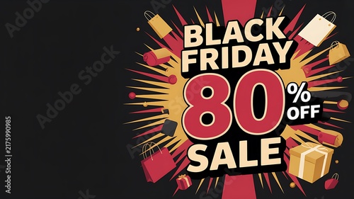 Black friday sale banner with eighty percent discount text surrounded by colorful shopping bags and gift boxes