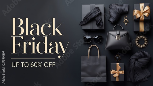 Black friday sale banner with luxury shopping bags and gift boxes on a dark background