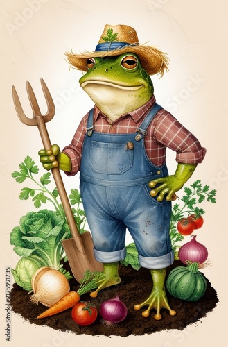 A green frog in the image of a farmer standing on a garden bed in a straw hat and denim overalls, leaning on a shovel surrounded by a harvested crop of vegetables.