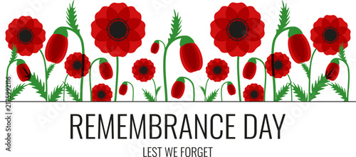 Remembrance Day Banner cover design. Vector Poppy Flowers and Remembrance Day bold Holiday message. Perfect web Armistice Day placard. EPS 10