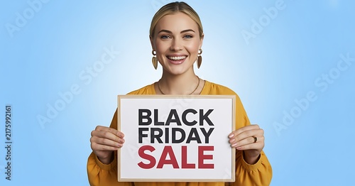 A smiling young woman holding a sign that says black friday sale against a light blue background