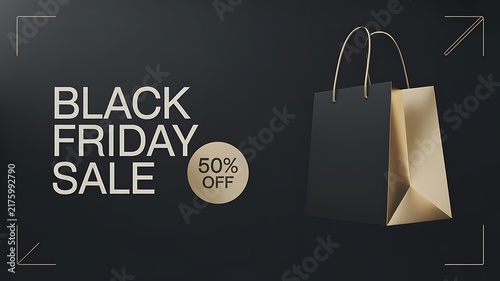 Black friday sale promotional banner with black shopping bags and fifty percent discount offer on dark background