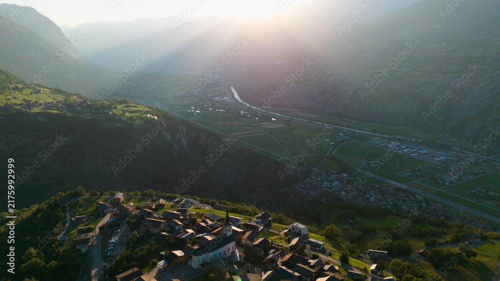 Naklejka premium panorama from the Alps, Ergisch, Wasserfall Turtmann in Switzerland 