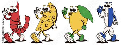 Set comic Cartoon food Characters. Vector illustration of Cartoon Lemon Sardines shrimp cheese isolated transparent backgound. Perfect for Amalfi Italy food poster cover design. Editable stroke EPS 10