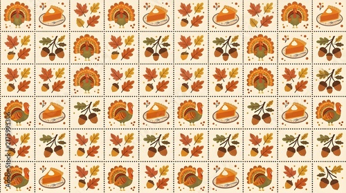 Seamless pattern with turkeys, pumpkin pie slices and acorns for thanksgiving holiday