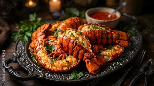 A stunningly presented whole lobster served with rich melted butter and classic cocktail sauce ideal for an elegant and unforgettable seafood dining experience