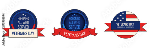 Set vector Veterans Day holiday Badge isolated transparent background. Perfect Remembrance Veterans Day medal collection. EPS 10
