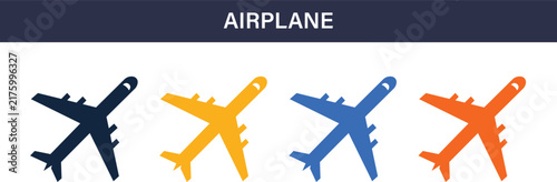 Airplane Solid Icon Set. Aviation, flight, travel, airport, aircraft, journey and transportation vector icons.