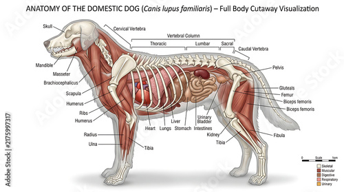 Detailed illustration of canine anatomy showing skeleton muscles and internal organs