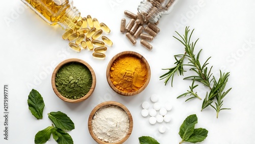 Assorted natural herbal supplements and powders displayed on clean surface