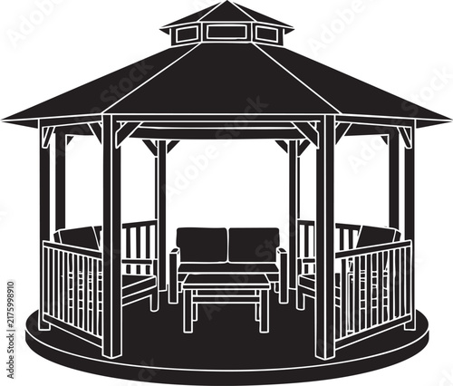 Black silhouette of a garden gazebo with seating furniture and table