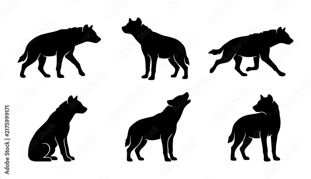 Obraz premium Hyena Silhouettes Vector Set, Wild Animal Poses Collection, African Wildlife Graphic Elements, Predatory Mammal Illustrations