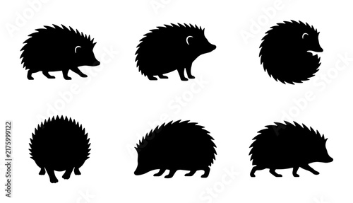 Hedgehog Silhouettes, Cute Animal Icons, Wildlife Vector Graphics, Black and White Prickly Mammal Illustrations, Set of 6