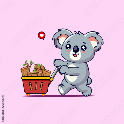 Photography Cute Koala Pushing Shopping Basket with Wood Logs, Vector Cartoon Illustration