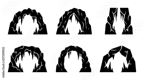 Set of six cave entrance vector icons, representing rocky openings and geological formations, ideal for adventure and exploration themes