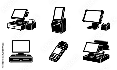 Retail Point of Sale Systems Vector Icons, Cash Register and Payment Terminal Set, E-commerce and Transaction Technology Collection