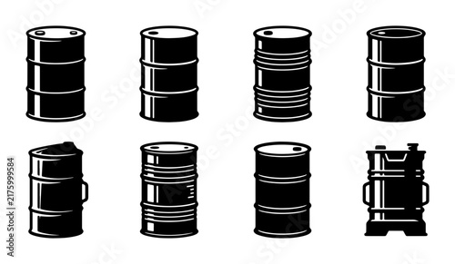 Industrial Oil Drums Collection, Black Metal Barrels Set, Hazardous Material Containers Vector Icons, Storage Tanks Graphics