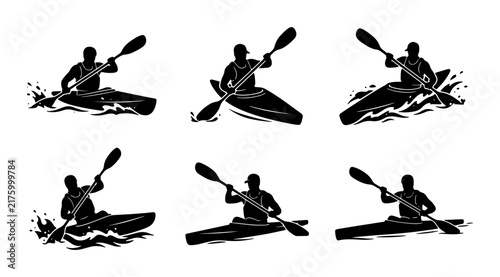 Kayaking Silhouettes: Six Dynamic Vector Illustrations of Paddlers in Action, Water Sports, Outdoor Adventure, and Recreational Activities
