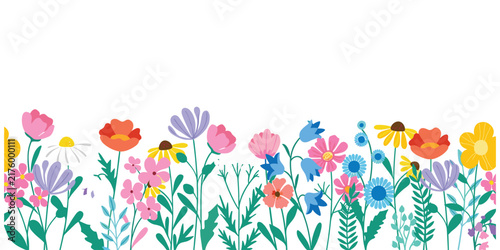 Flat vector illustration colorful wildflower garden border design, decorative floral artwork, seamless botanical nature pattern, vibrant ornamental flower artwork