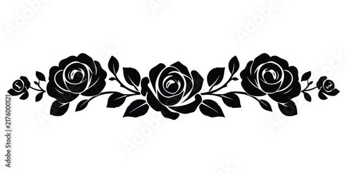 Flat vector illustration decorative floral rose border design, symmetrical black flower artwork, elegant botanical motif, vintage tattoo style ornamental graphic