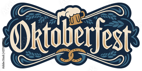 Festive flat vector illustration of oktoberfest celebration design with beer mug pretzel decorative flourishes leaf motifs traditional bavarian style