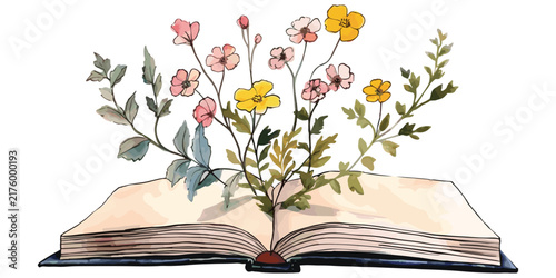 Flat vector illustration open book with blooming flowers design, creative nature artwork, colorful botanical concept, educational literature growth decorative graphic