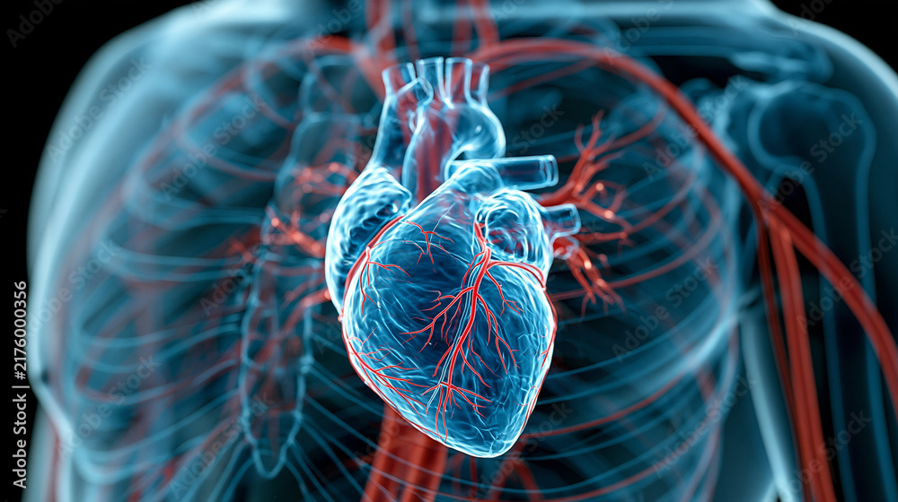 Fototapeta premium Glowing azure 3D illustration of human heart with red blood vessels and transparent torso on black background, defocused anatomical medical visualization, with copy space