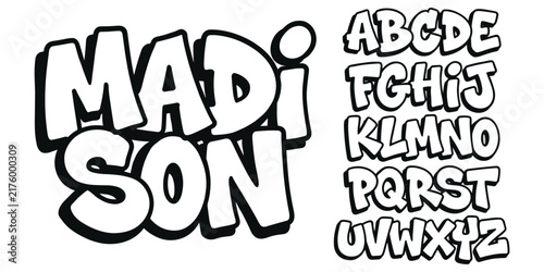 Graffiti flat vector illustration of bubble alphabet letters A to Z with bold outlined playful cartoon font madison text design