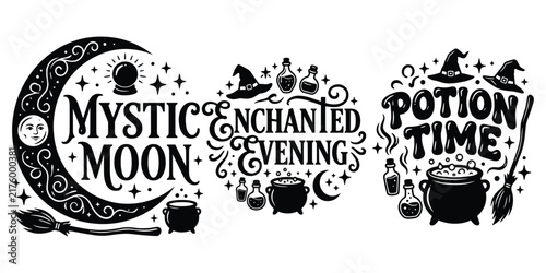 Mystical flat vector illustration of enchanted witchcraft designs including moon stars cauldron potion bottles broomstick witch hats magical fantasy art
