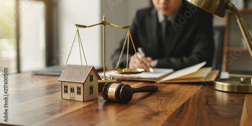 Legal Property Law Concept With Lawyer, House Model, Gavel And Scales On Wooden Desk In Professional Office Setting