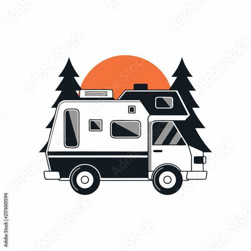  Vintage  Van Travel Illustration with Sunset and Pine Trees