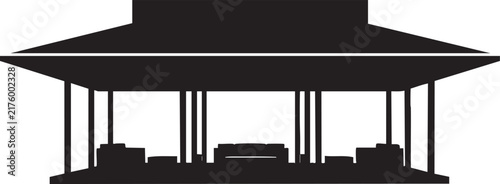 Front view silhouette of a wide open pavilion with multiple support