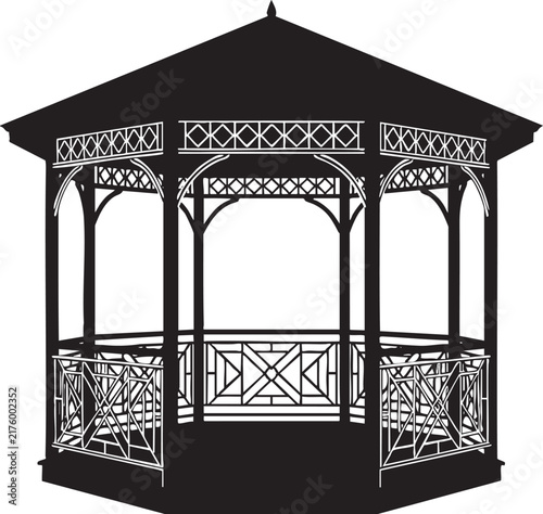 Black silhouette of an ornate gazebo with decorative railings and roof