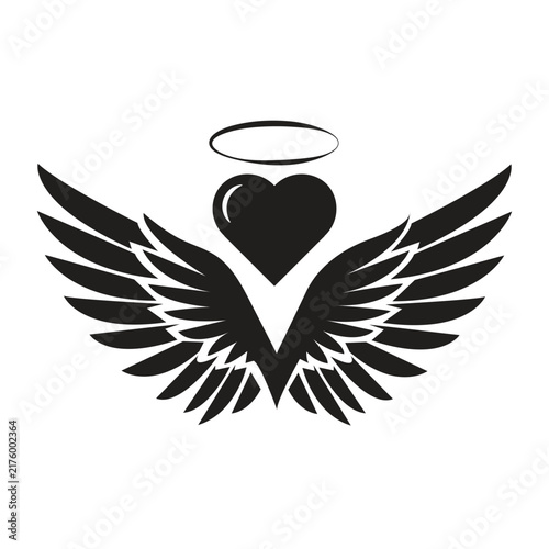Black stylized angel wings with a halo above, a simple graphic illustration on a white background, representing divinity and spirituality. eps10