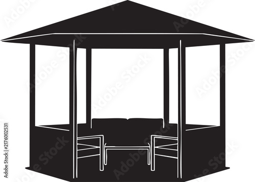 Black silhouette of a small wooden gazebo with solid panel walls