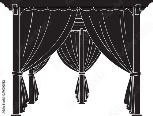 Black silhouette of a cabana pergola with hanging draped curtains