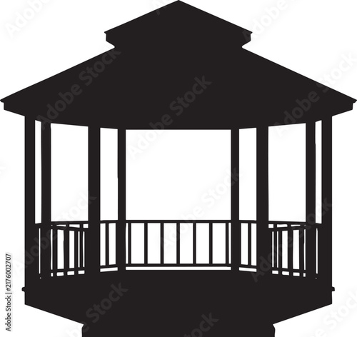 Hexagonal gazebo silhouette with railing and multi tiered roof