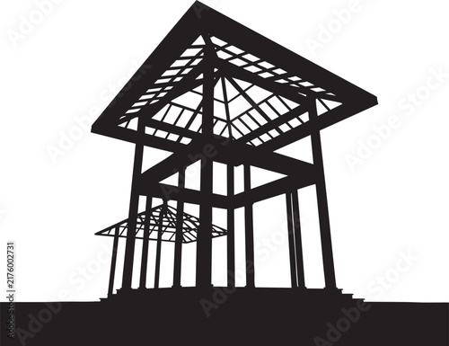 Modern tiered roof pavilion silhouette with tall supporting pillars