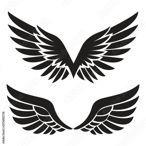 Black stylized angel wings with a halo above, a simple graphic illustration on a white background, representing divinity and spirituality. eps10