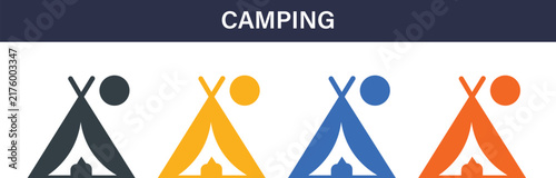 Camping Solid Icon Set. Outdoor adventure, nature, travel, hiking, tent, forest and recreational activity vector icons.